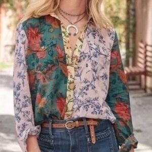 SUNDANCE Floral Patchwork Top blouse button front 100% Cotton Large